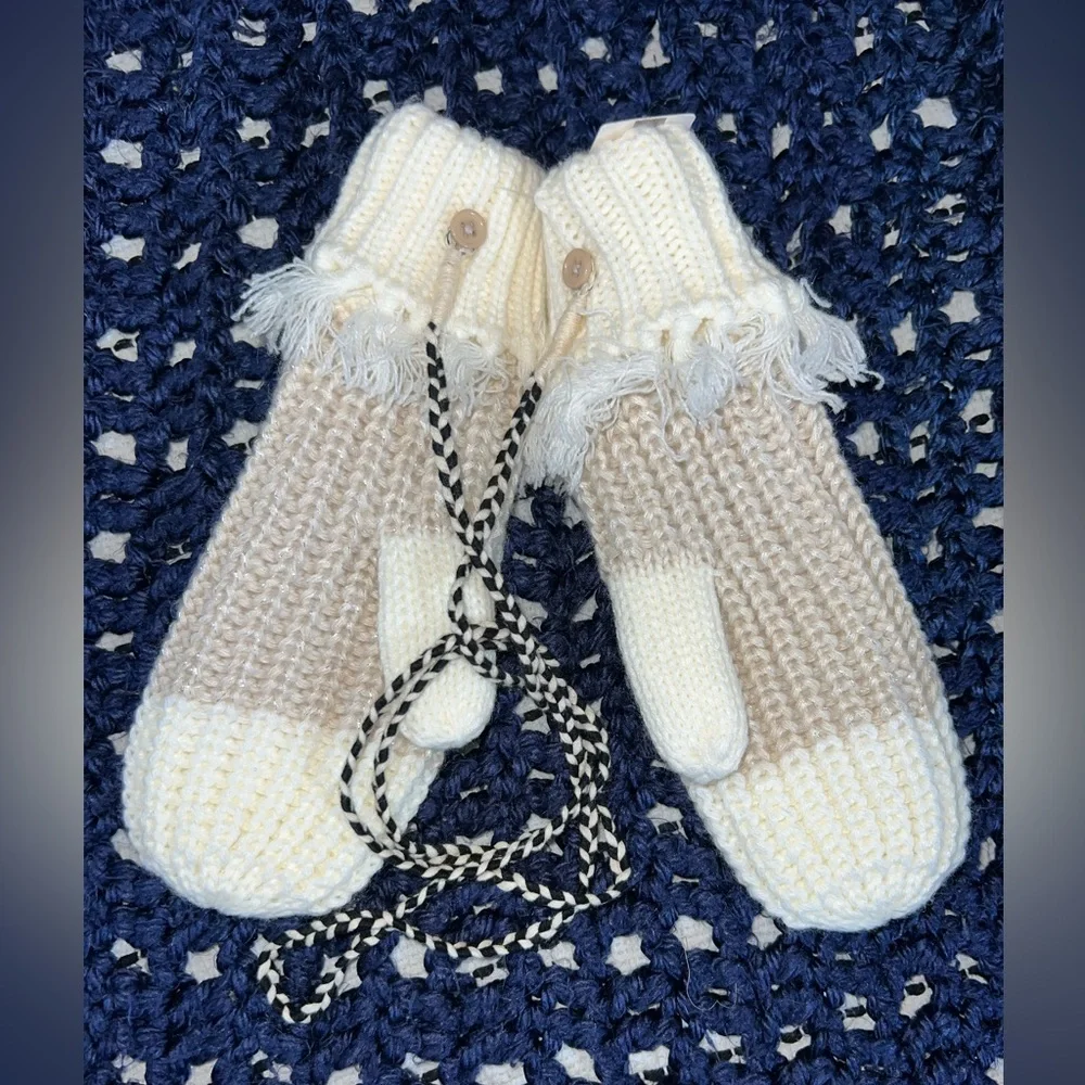 Anthropologie Ivory / Cream Knit Mittens with button on tether / strap